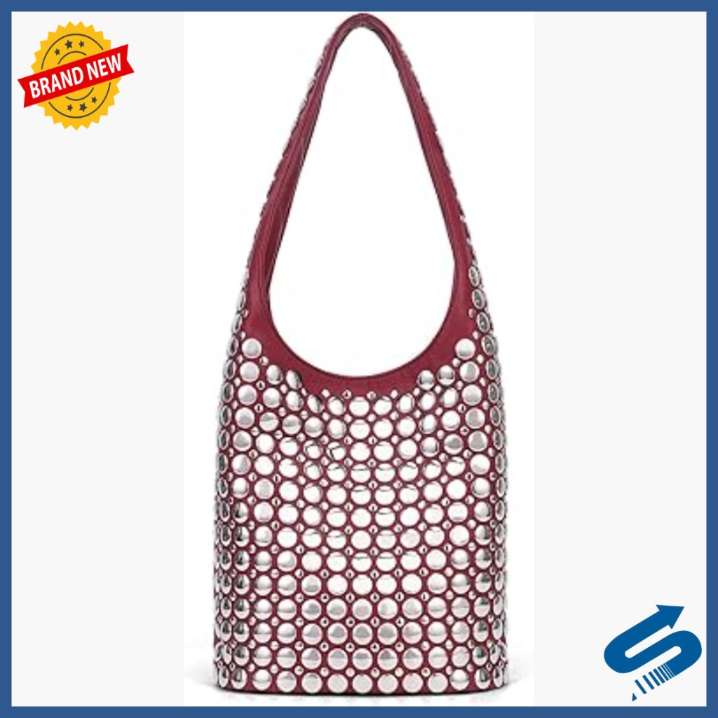 Vegan Leather Studded Hobo Shoulder Bag With Magnetic Closure